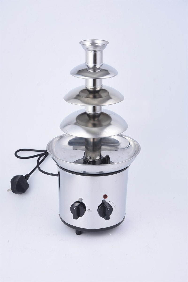 Full stainless-steel chocolate fountain with a multi-tier flow design