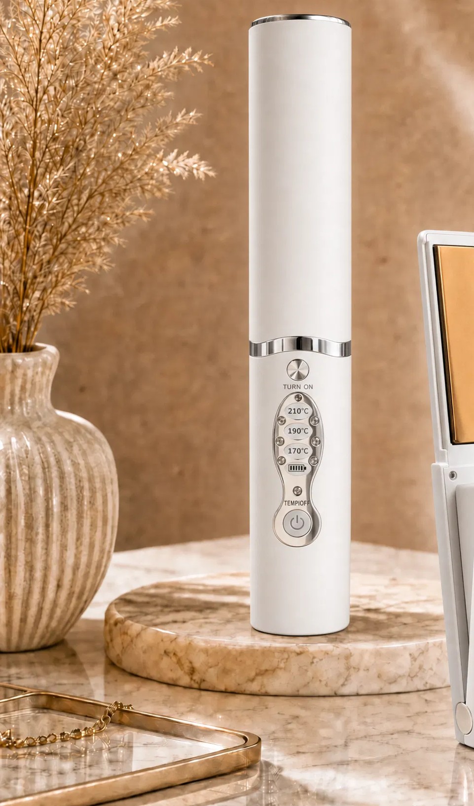 Cordless hair styling wand with digital temperature display on a marble vanity surface