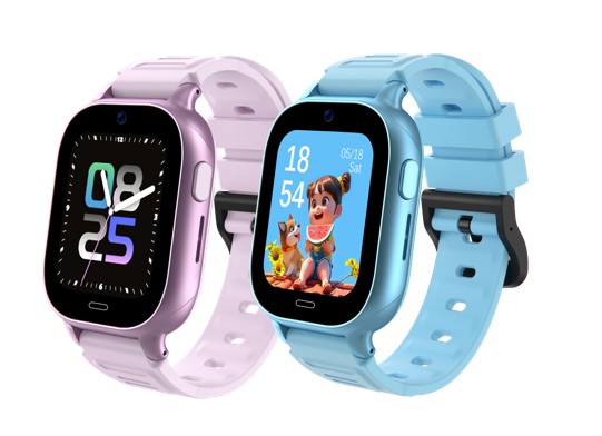 Pink and blue 4G kids smartwatches with touchscreen displays showing a clock face and a cartoon character