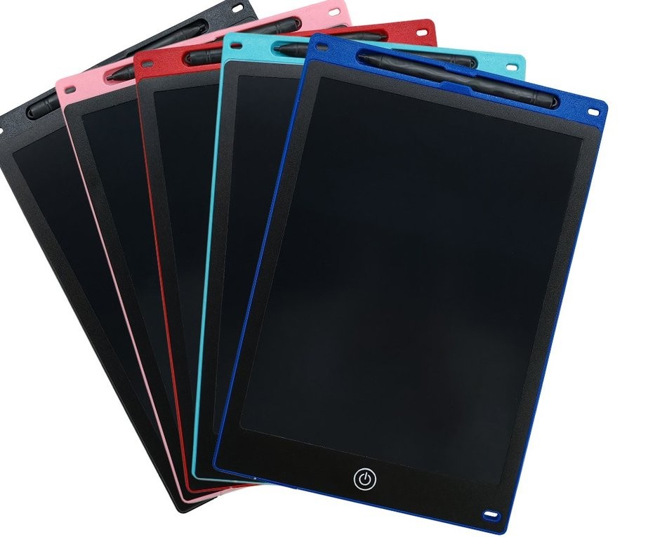Five LCD writing tablets in black, pink, red, teal and blue fanned out on a plain background