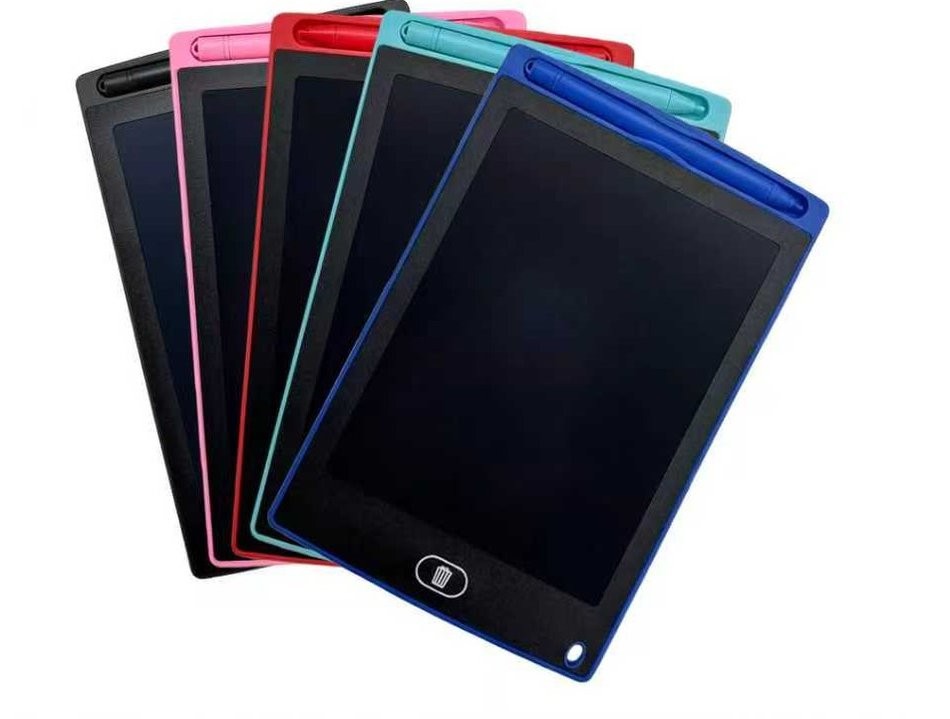 Five LCD writing tablets in black, pink, red, teal and blue fanned out on a plain background, additional view